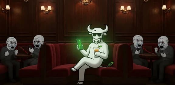 Bull mascot glowing green in a room full of sad bears